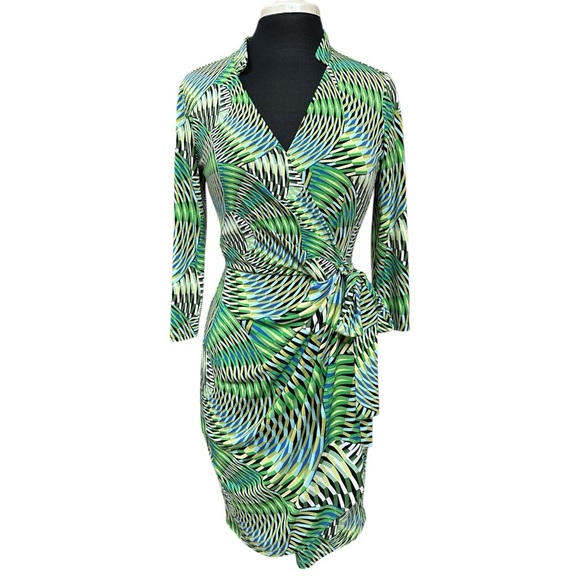 MAGGY LONDON Abstract Statement Print Long Sleeve Wrap Dress Green & Blue Size 6 - Picture 1 of 14